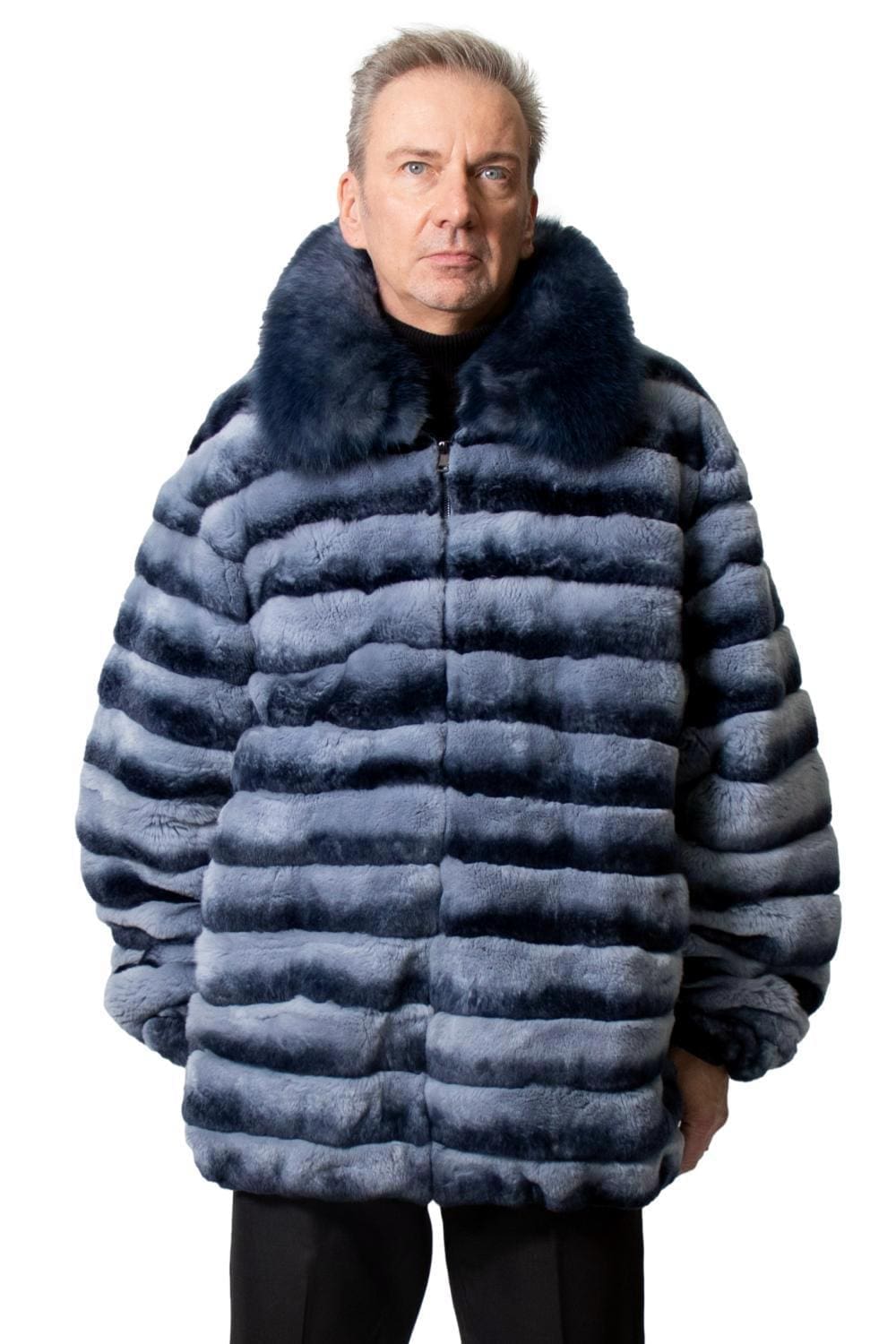 Denim Blue dyed Rex Rabbit Zip 32″ Jacket with dyed Fox Collar