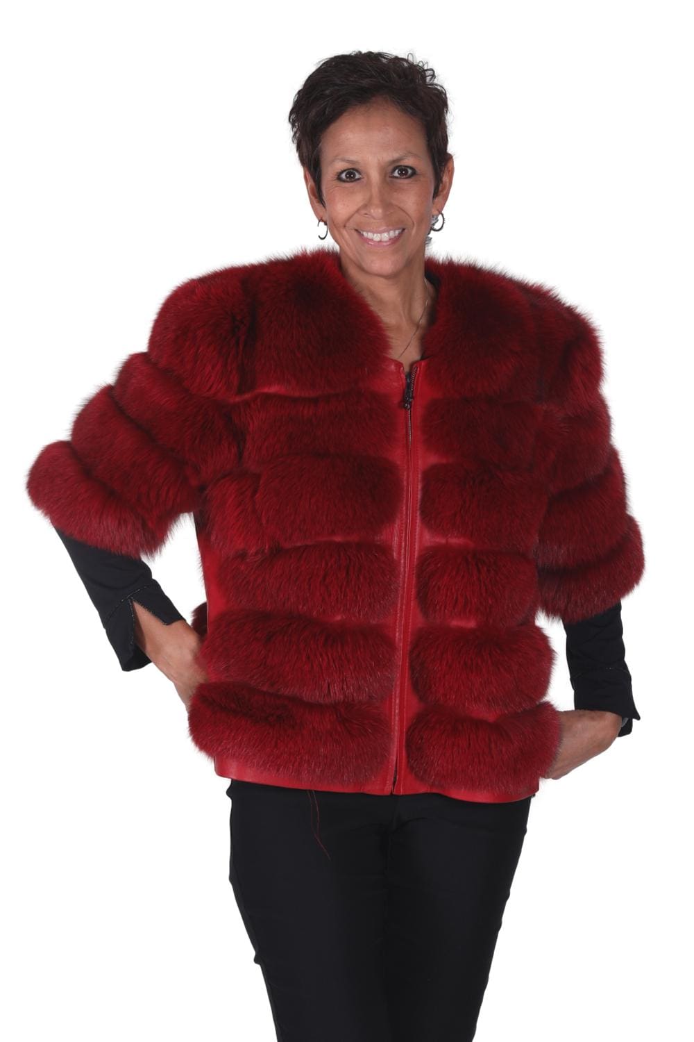 Red dyed Horizontal Design 24” Fox Fur Zip Jacket with Lamb