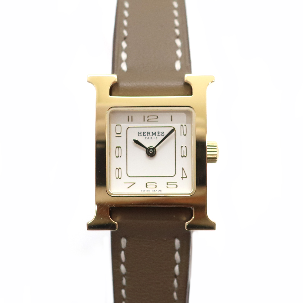 天白】【HERMES】エルメス Hウォッチ ミニ HH1.101 GD金具 レザー