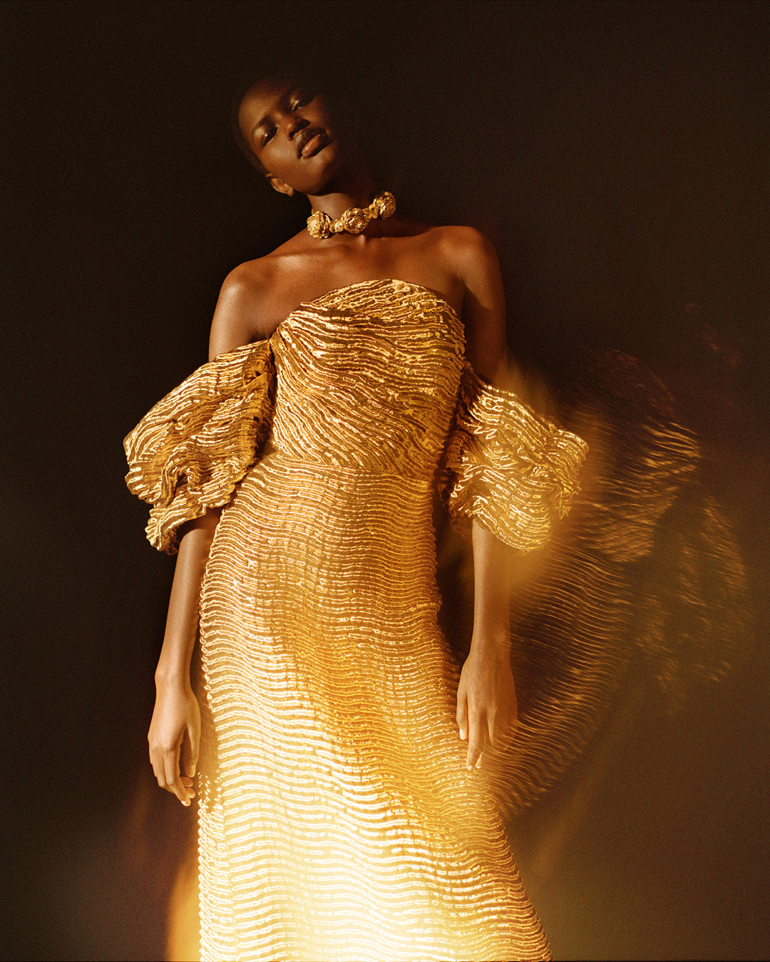 Nisha Metallic Draped Sleeve Gown - Oro Gold Strapless Metallic