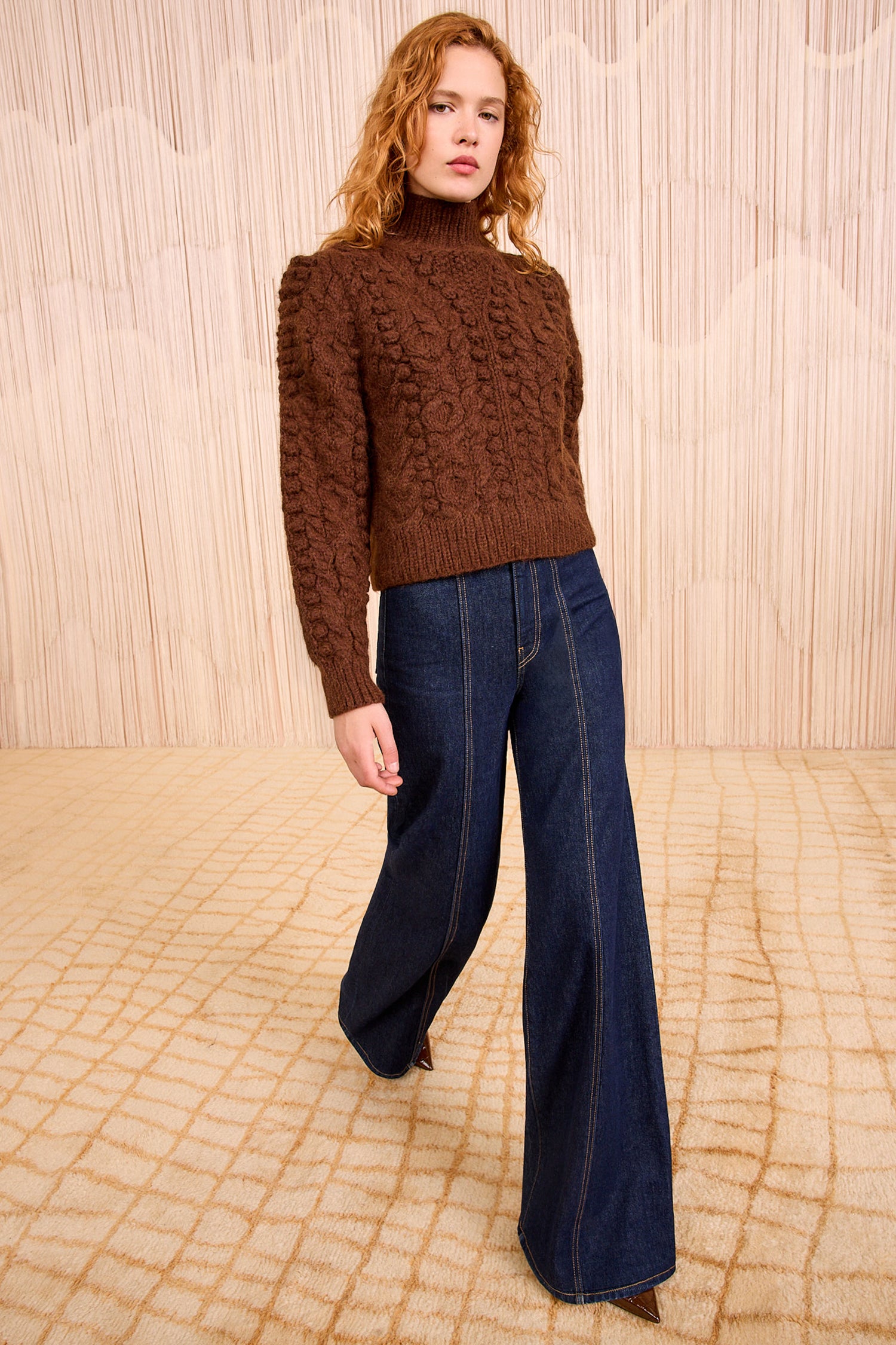 Albia Alpaca Knit Pullover - Walnut Textured Alpaca Knit Sweater