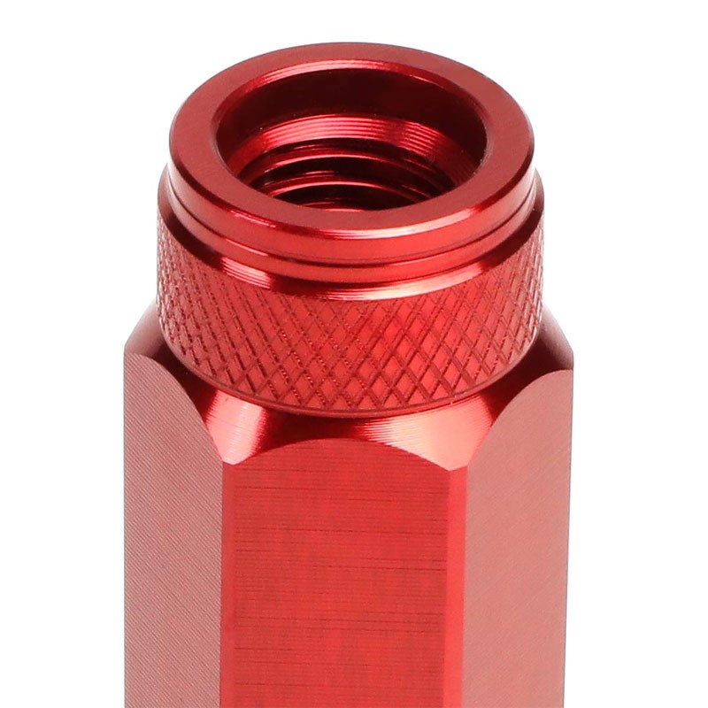 J2 Red Open Double Knurled End Acorn 90MM M12x1.50 Lug Nuts Set+