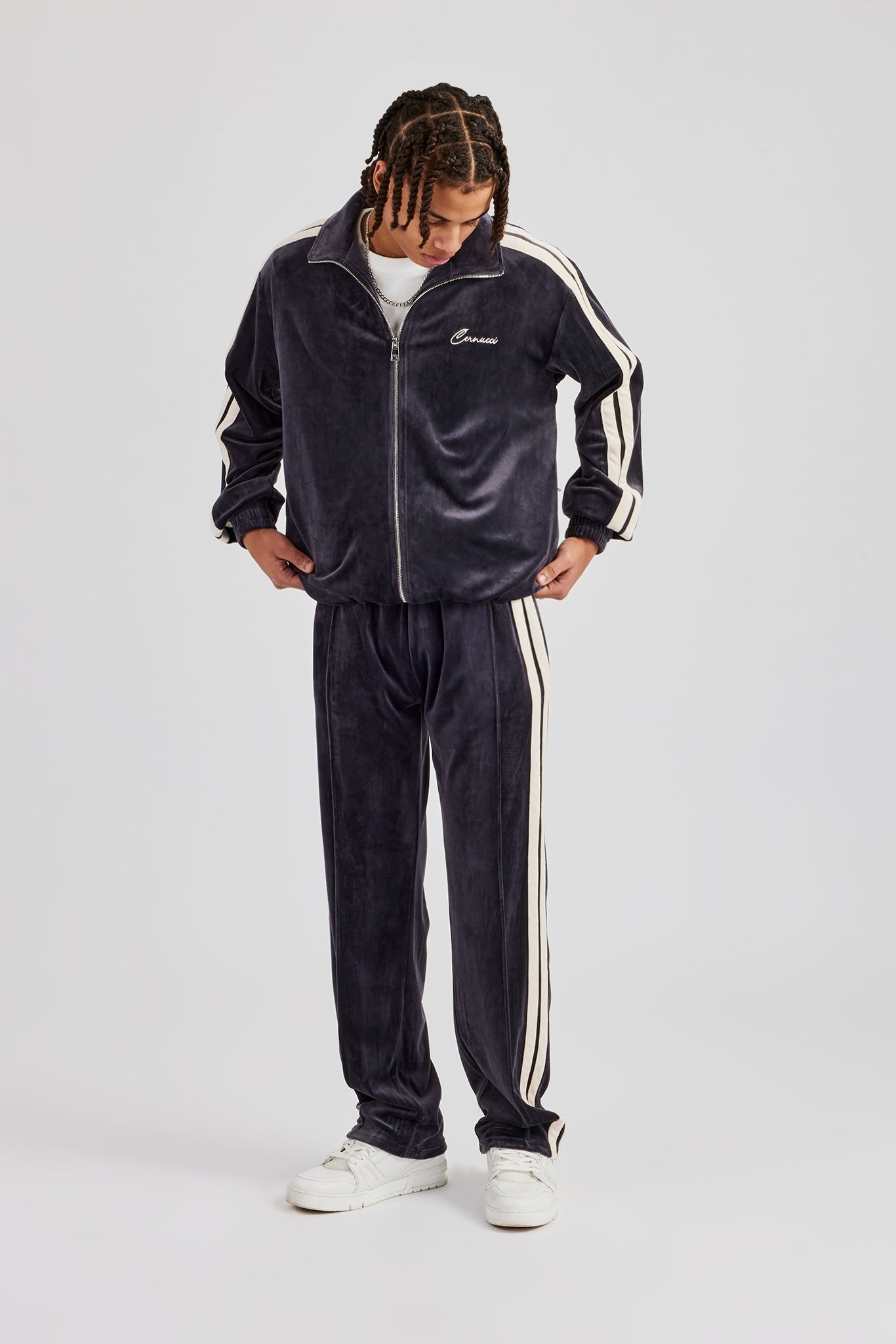 Zip Through Taping Velour Tracksuit - Charcoal | Mens Sets | Shop