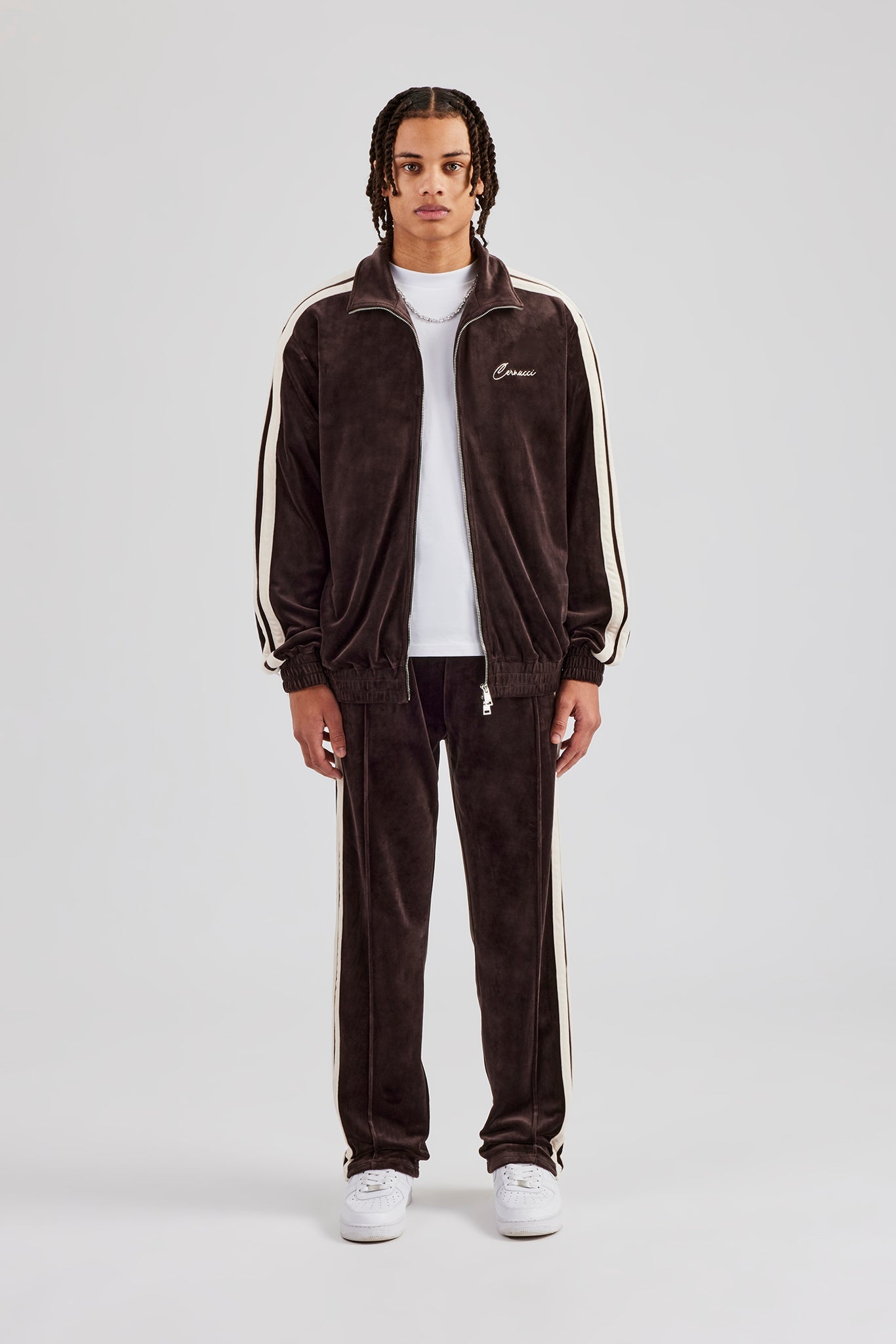 Zip Through Taping Velour Tracksuit - Chocolate | Mens Sets | Shop