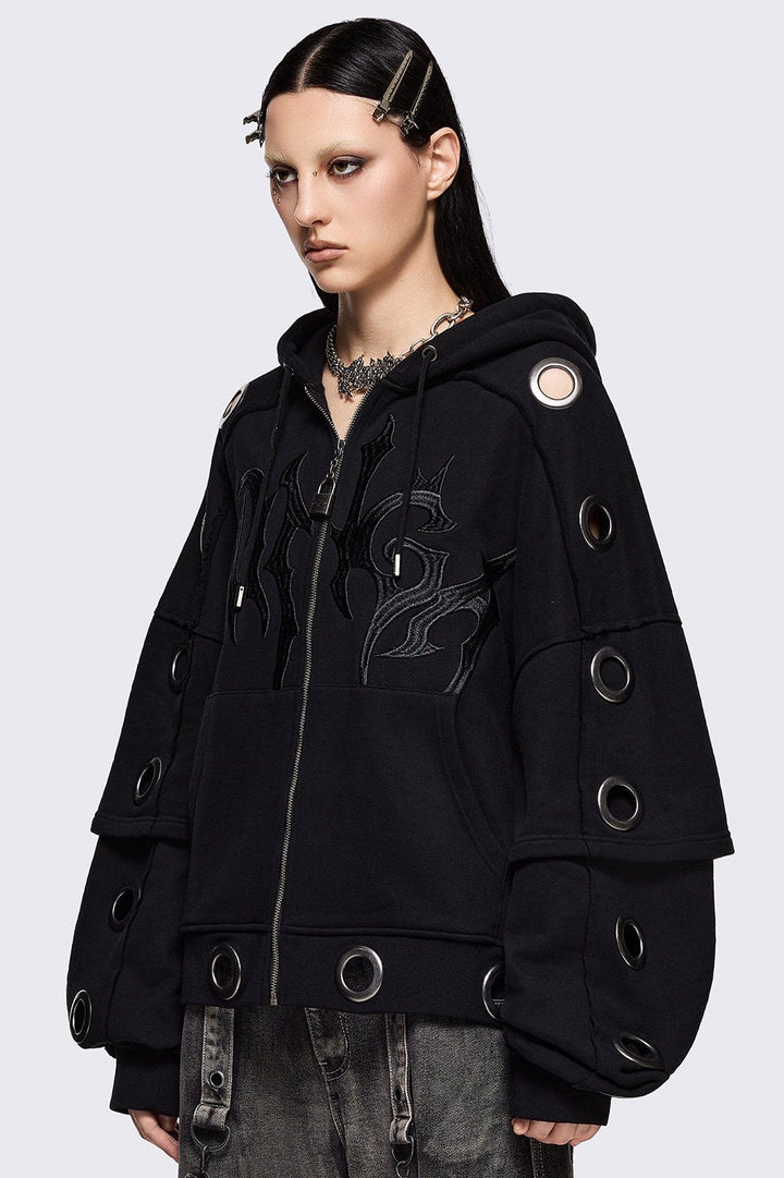 Black Layered Zip Up Hoodie with Chunky Eyelets | Minga London
