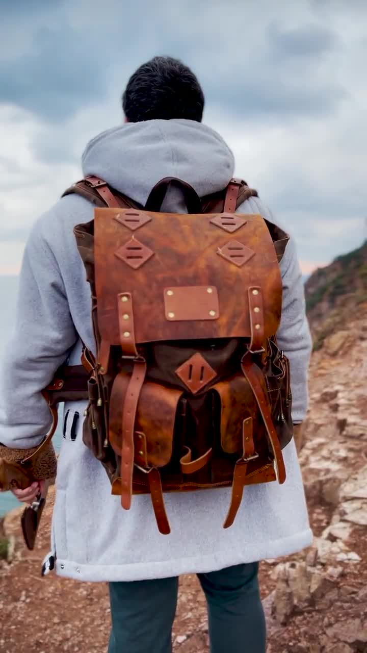 60L | Black-brown-green | Hiking Handmade Waxed Canvas Backpack