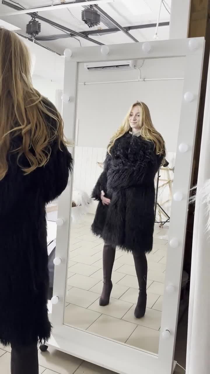 Faux Fur Black Long Shaggy Fur Coat Mongolian Fur Extravagant