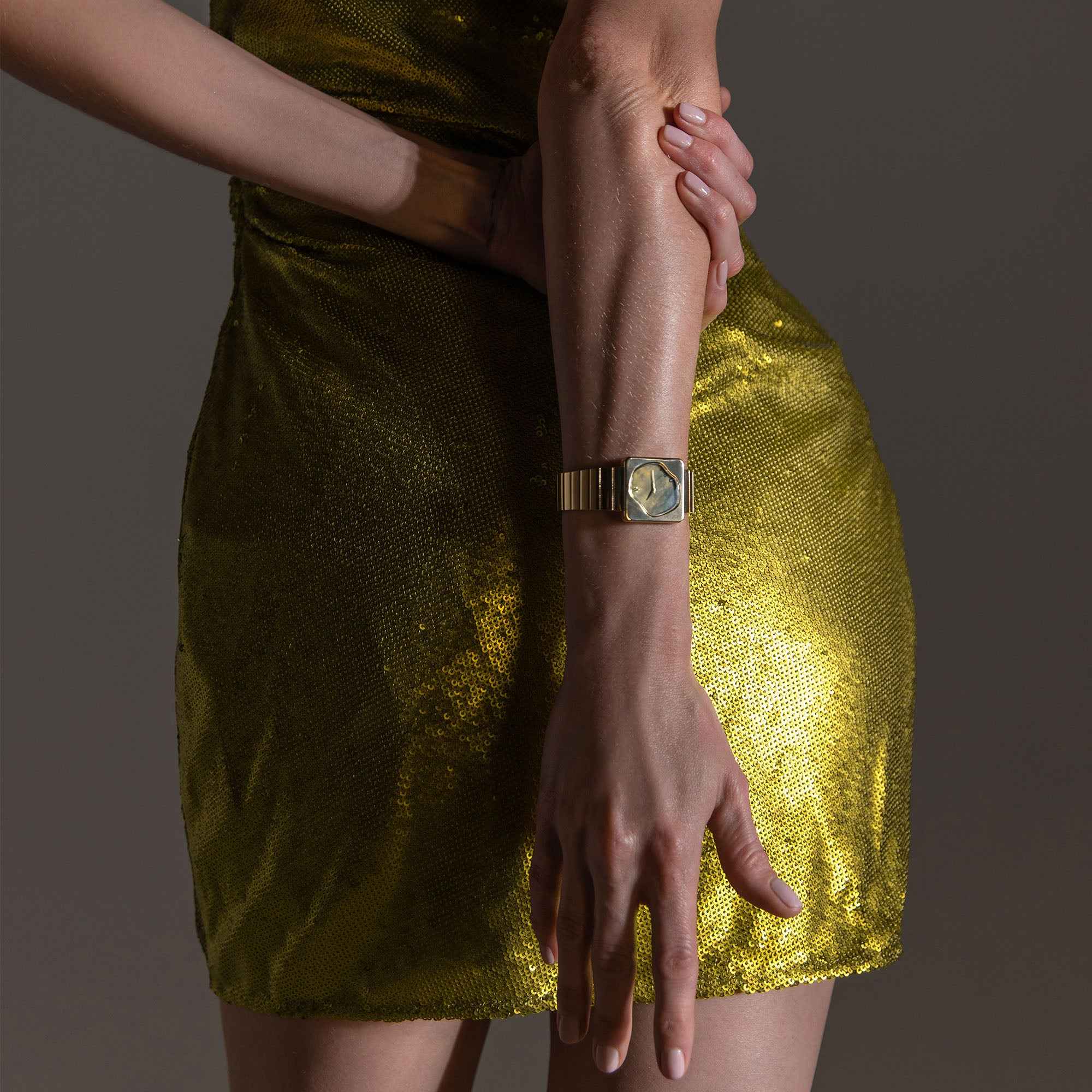 Women's Swiss-Made Square Yellow Gold Diamond Green Pearl Watch