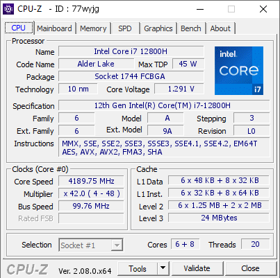 Intel Core i7 12800H @ 4189.75 MHz - CPU-Z VALIDATOR