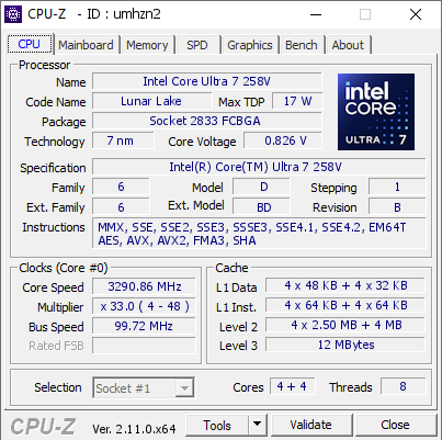 Intel Core Ultra 7 258V @ 3290.86 MHz - CPU-Z VALIDATOR