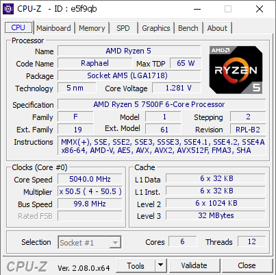 AMD Ryzen 5 @ 5040 MHz - CPU-Z VALIDATOR