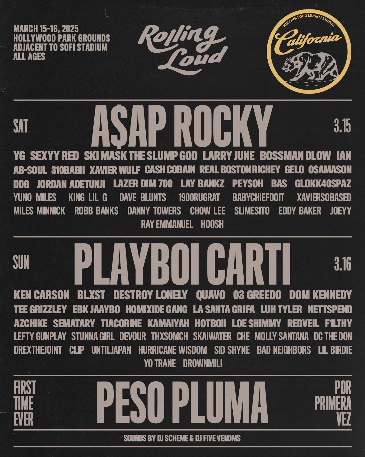 A$AP Rocky, Playboi Carti, Peso Pluma to Headline Rolling Loud 2025