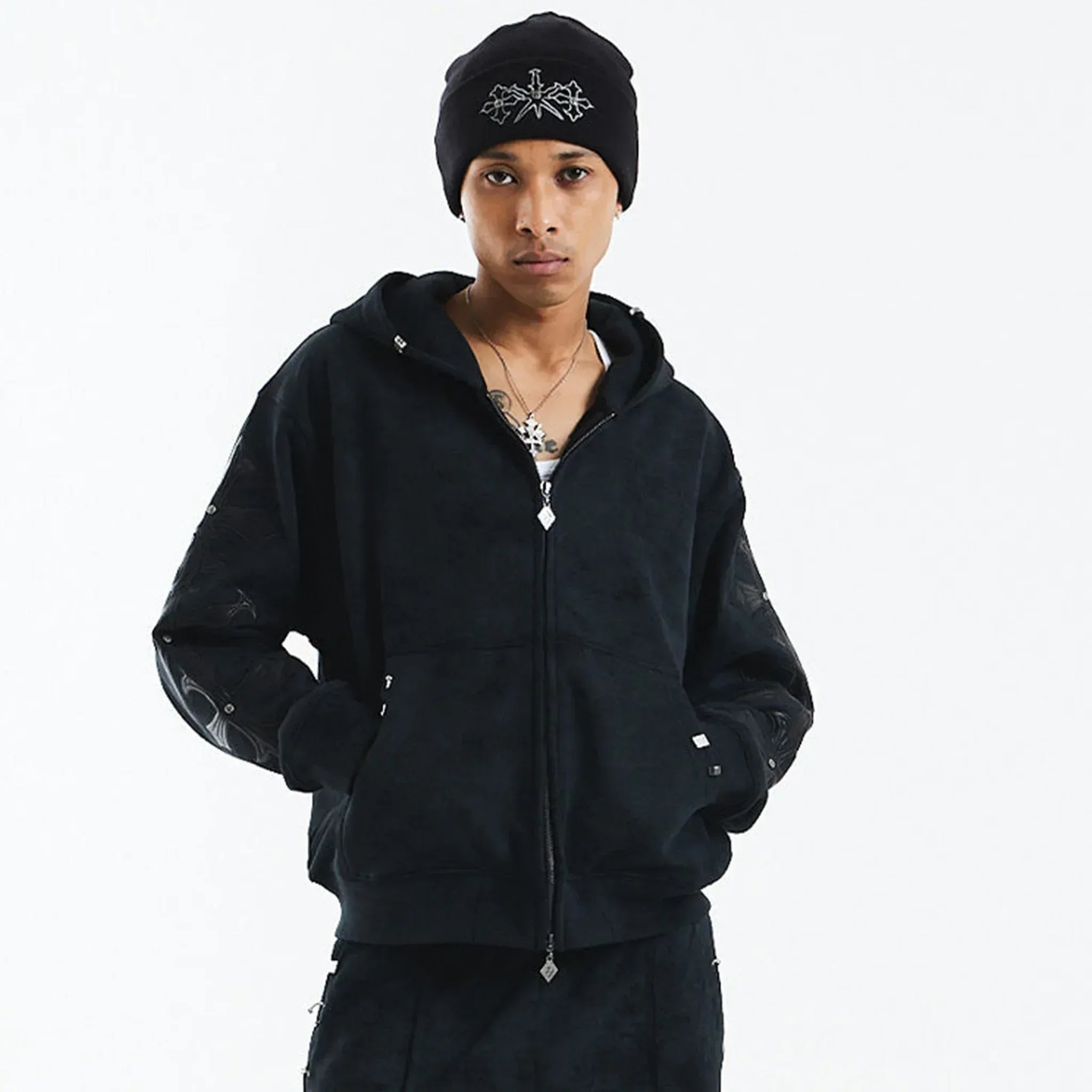 UNKNOWN LONDON Product Page - Dagger Cross Leather Patch Zip