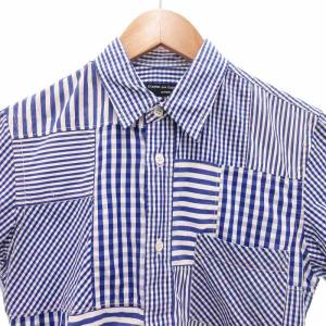 16SS パッチワーク シャツ 半袖 ギンガムチェック ストライプ XS 青