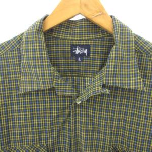 オープンカラー チェック シャツ 長袖 カジュアル コットン グリーン