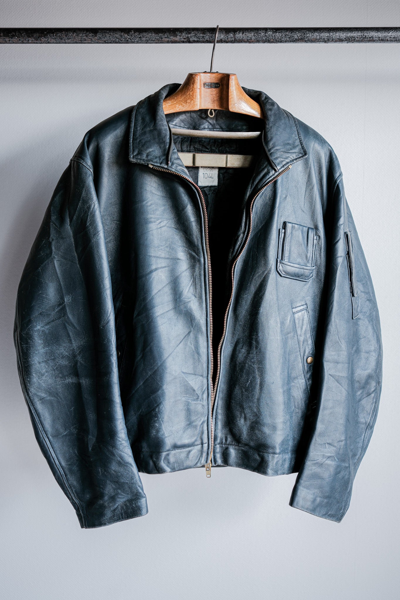 70's] French Air Force Pilot Leather Jacket with China Strap & Line