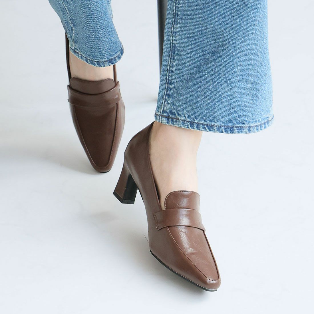 2026年春新色】スクエアトゥデザインヒールローファーパンプス ｜靴