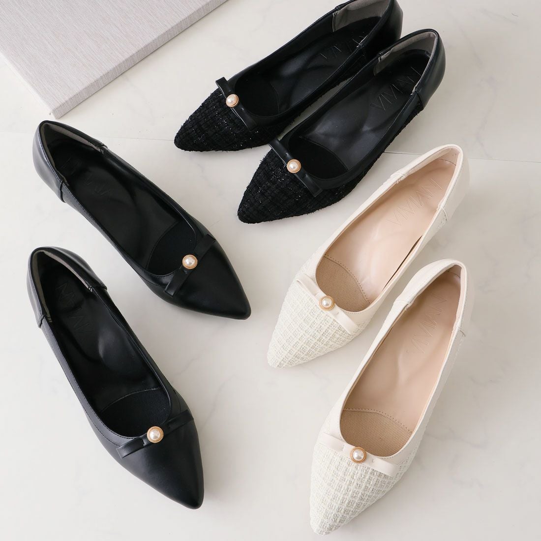 履き心地やみつき感激】ポインテッドトゥパールリボン5cmヒール感激