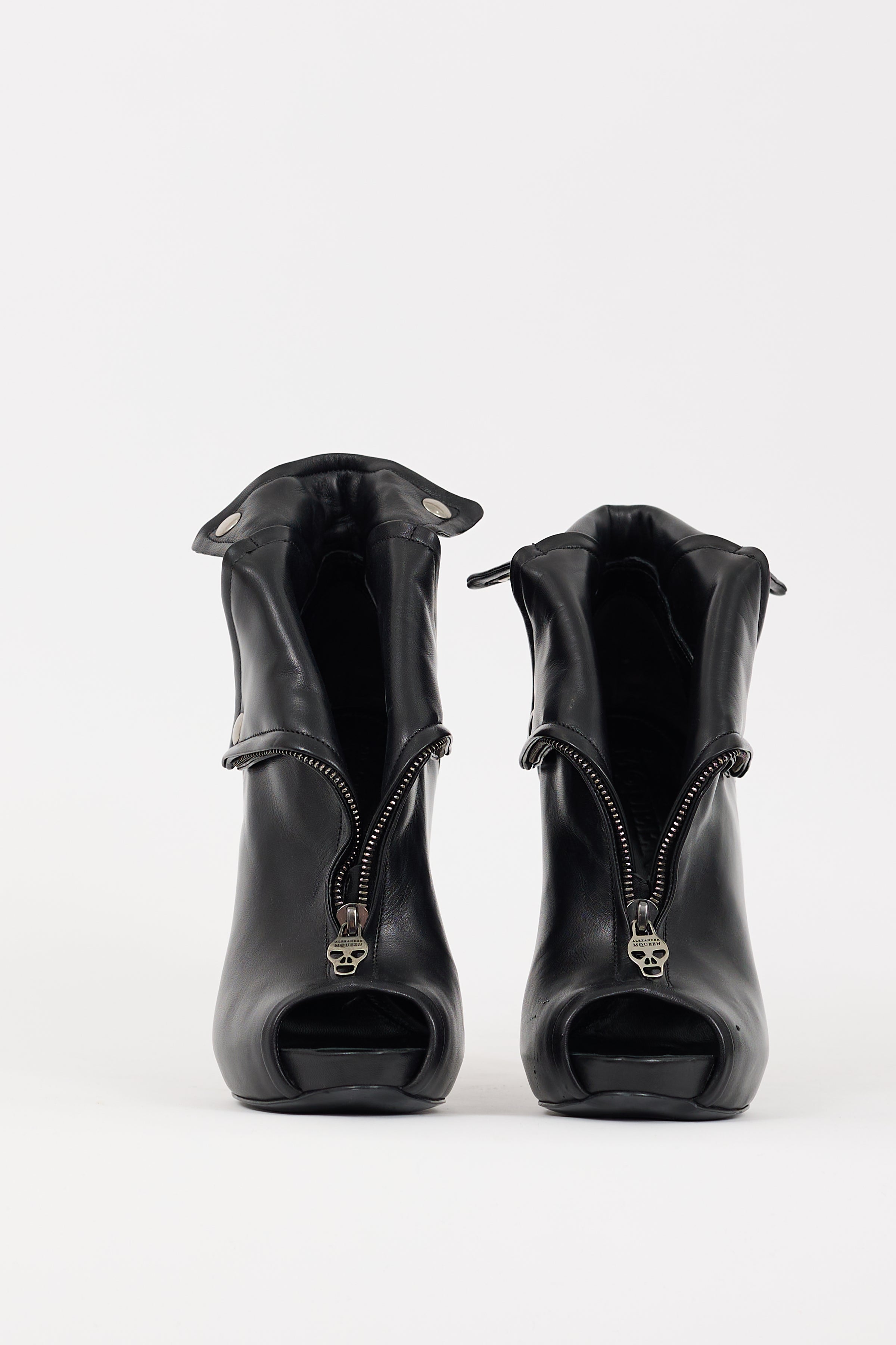 McQueen // Black Leather Faithful Peep Toe Bootie – VSP Consignment