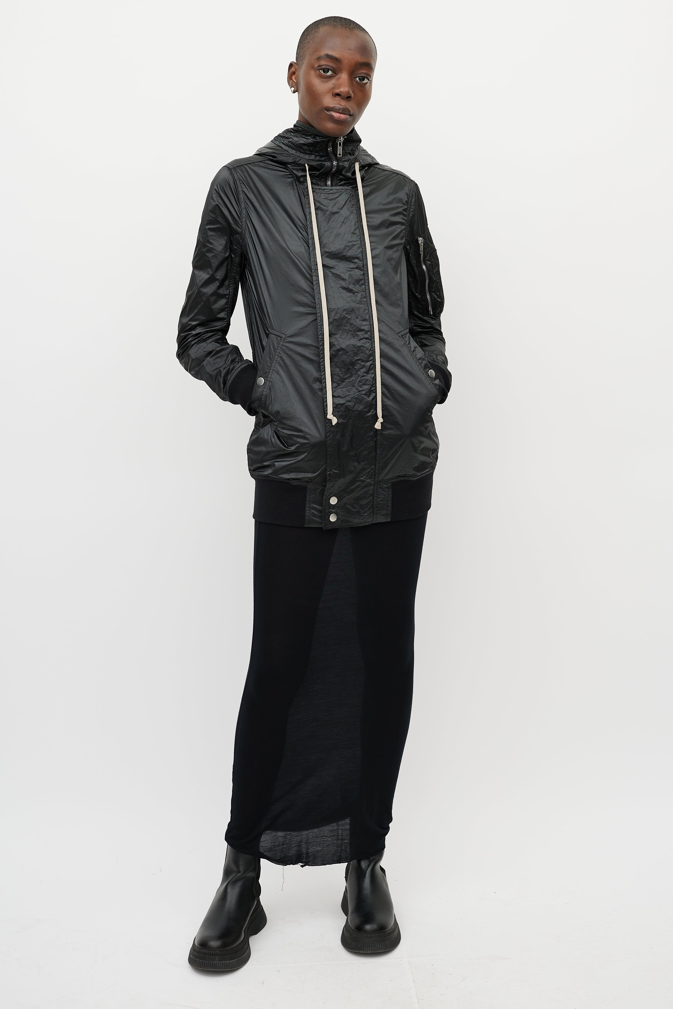 Rick Owens // DRKSHDW Black Shiny Nylon Hooded Jacket – VSP