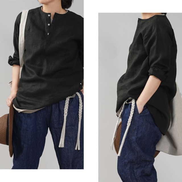 リネントップス】ヘンリーネックシャツ /ブラック【free】t038e-bck2