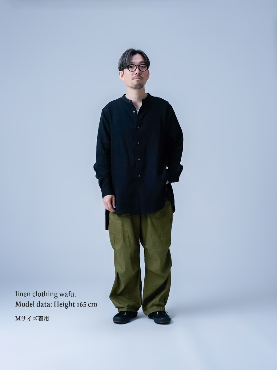 リネンシャツ】首のラインに沿う美しい！ リネン梨地 バンドカラー