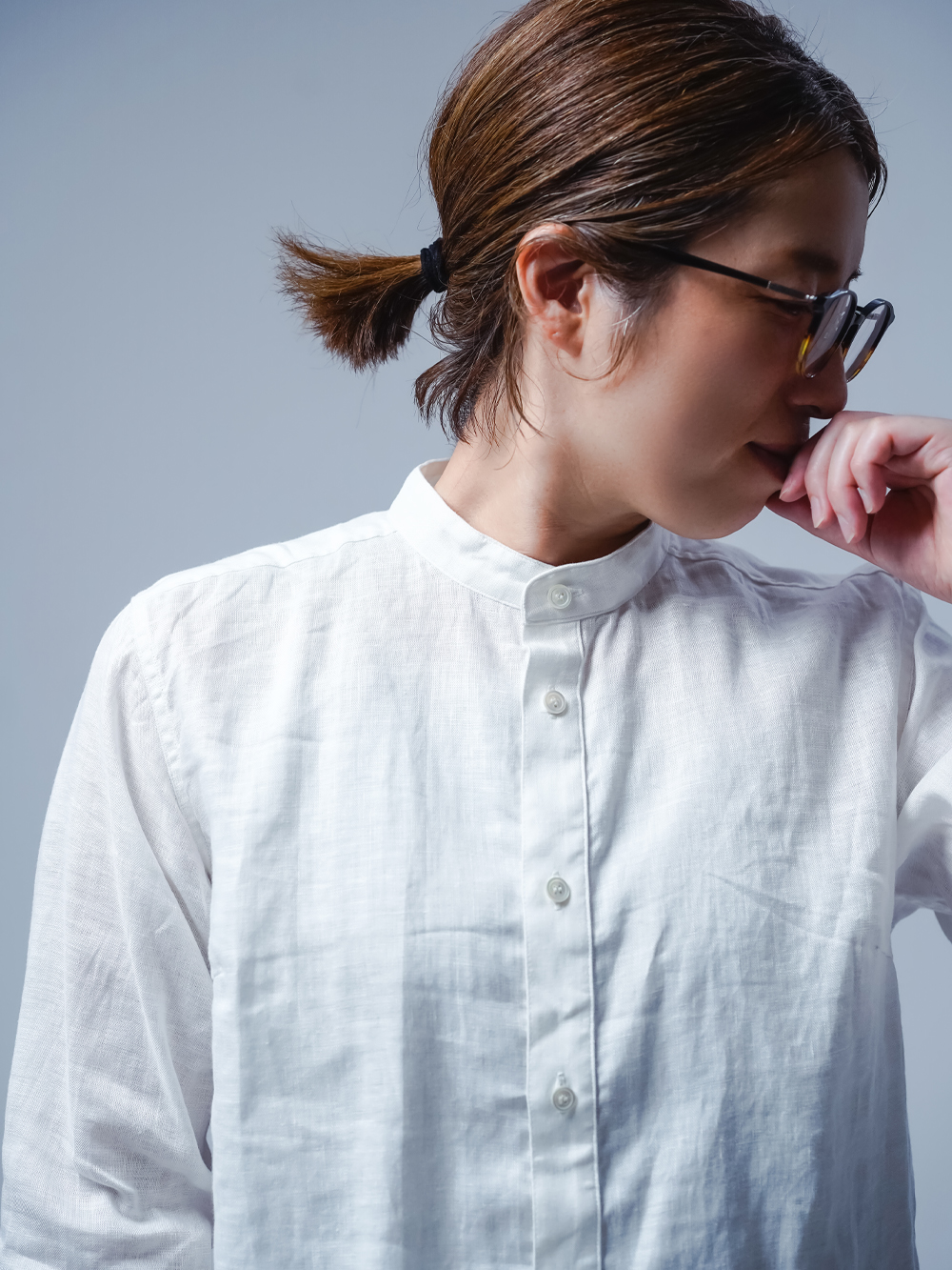 リネンシャツ】数量限定！見習い製作品 手もみスタンドカラーシャツ