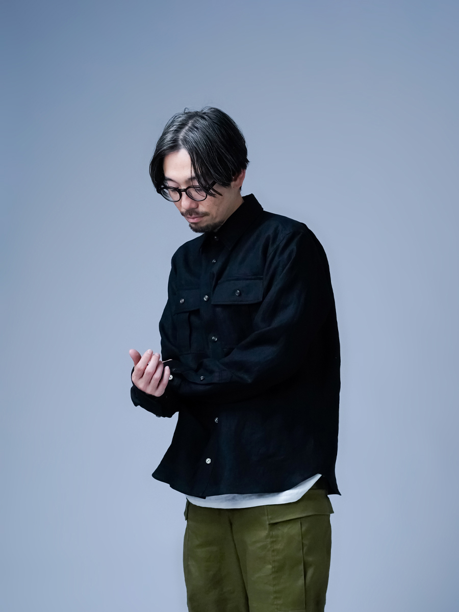wafu 半袖 リネン オープンカラーシャツ ／ 黒色 t021r-bck1 リネン