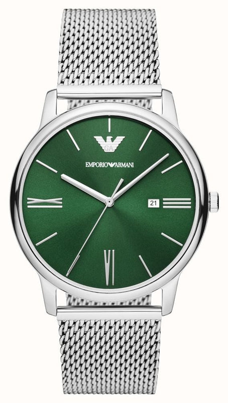 Emporio Armani Minimalist Quartz Green Dial Silver Mesh Bracelet