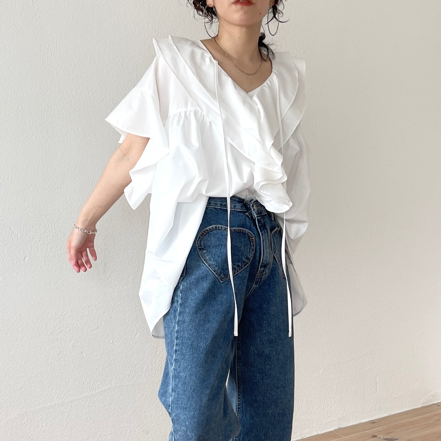big collar frill half blouse / white | wee9s | ウィークス
