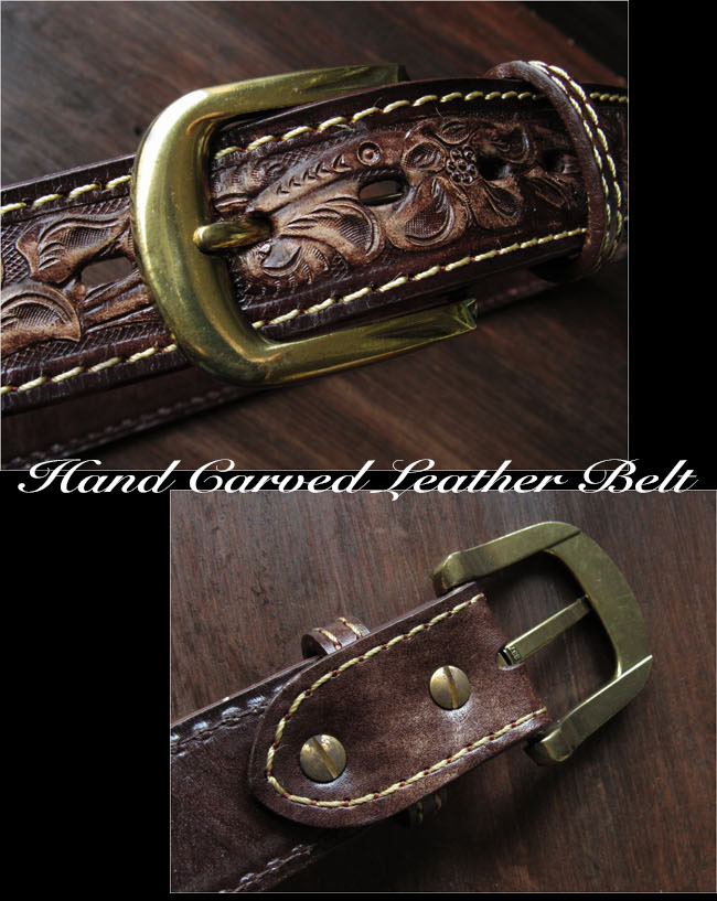 カービングベルト 本革 レザー ハンドメイド 手彫り ナチュラル/ダーク