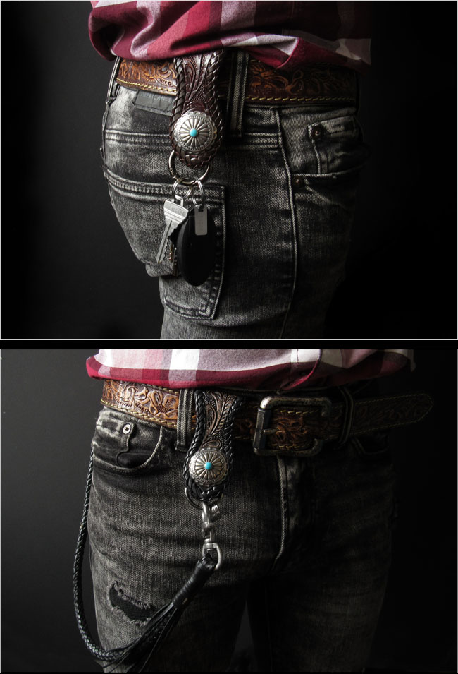 本革 ベルトループキーホルダー コンチョ付き レザーキーリング