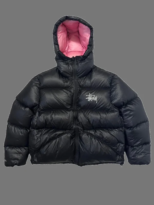 Stussy Puffer Jacket Pink Inside | Black and Pink | ON SALE