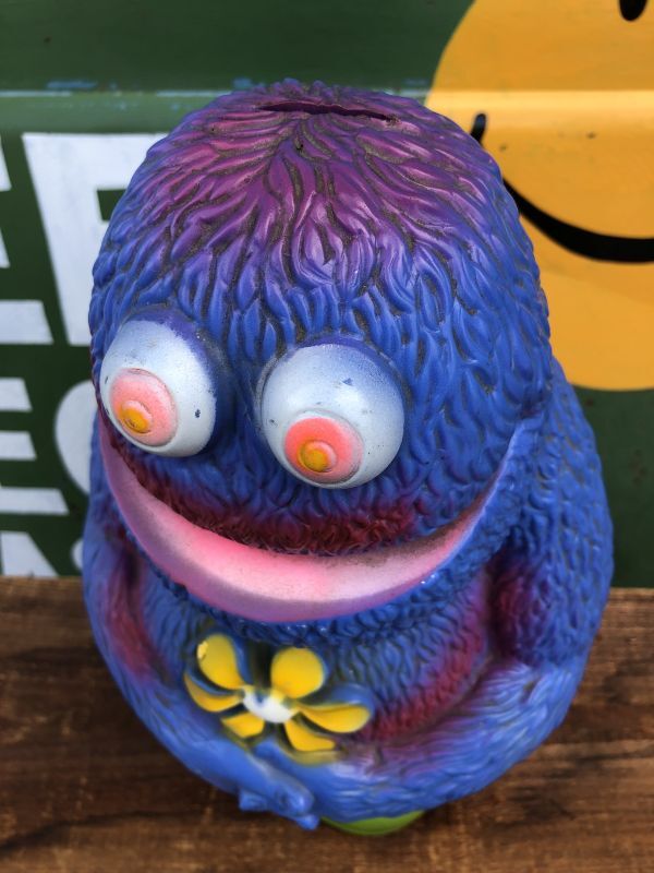 70s Vintage Play Pal Blue Hippie Monster Coin Bank Pink (C068