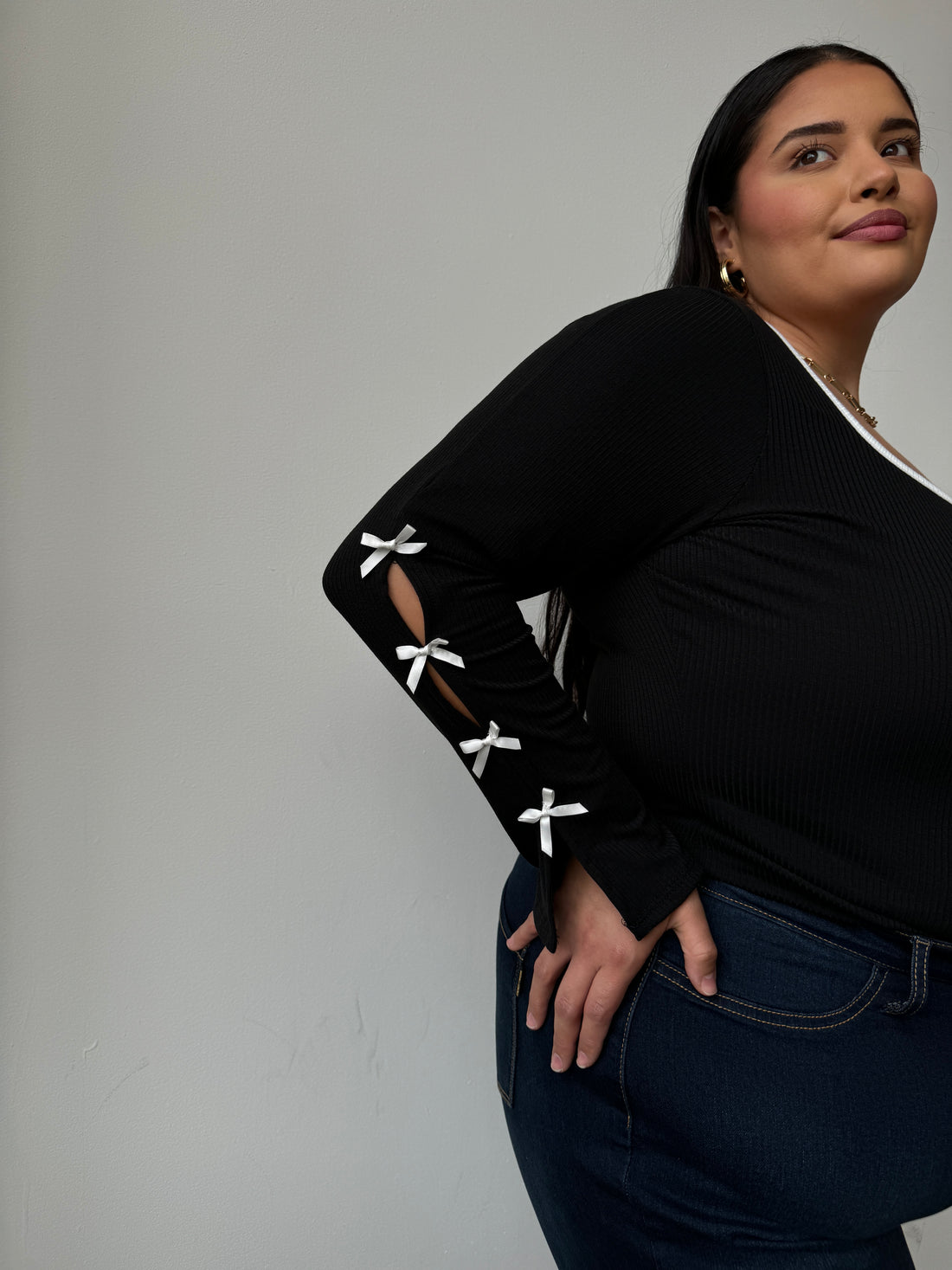 Plus Size Bow Detail Ribbed Long Sleeve Top – 2020AVE
