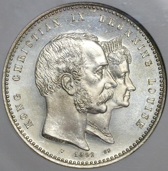 1892 NGC MS 65 Denmark 2 Kroner Wedding Gem Mint State Coin