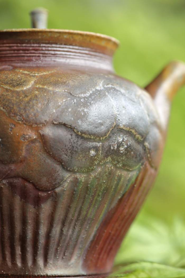 名匠山本広巳 窯変焼〆彫急須 一部銀化窯変 萬古焼 満容量240ml 桐箱