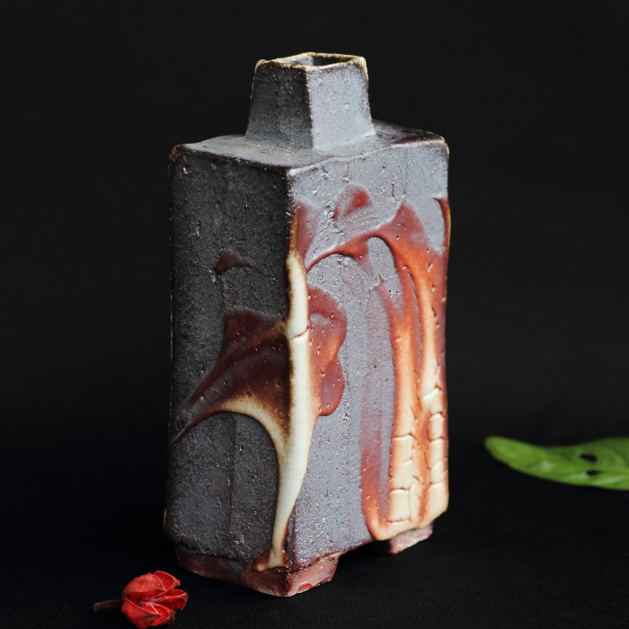 松崎健 窯変曹達扁壺 穴窯焼成陶花器 花入れ 作家もの益子焼 共箱 花瓶