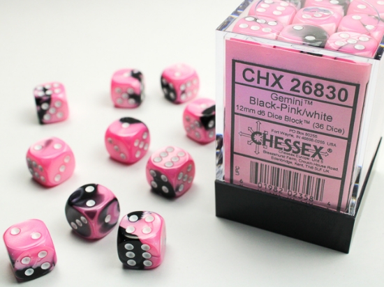 Chessex : Gemini Black-Pink/white 12mm d6 Dice Block (36 dice)
