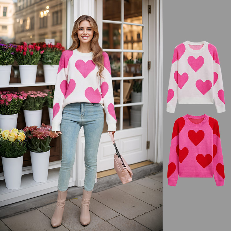 Soulful Heart Crew Neck Knit Sweater in Hot Pink - Boho Chic