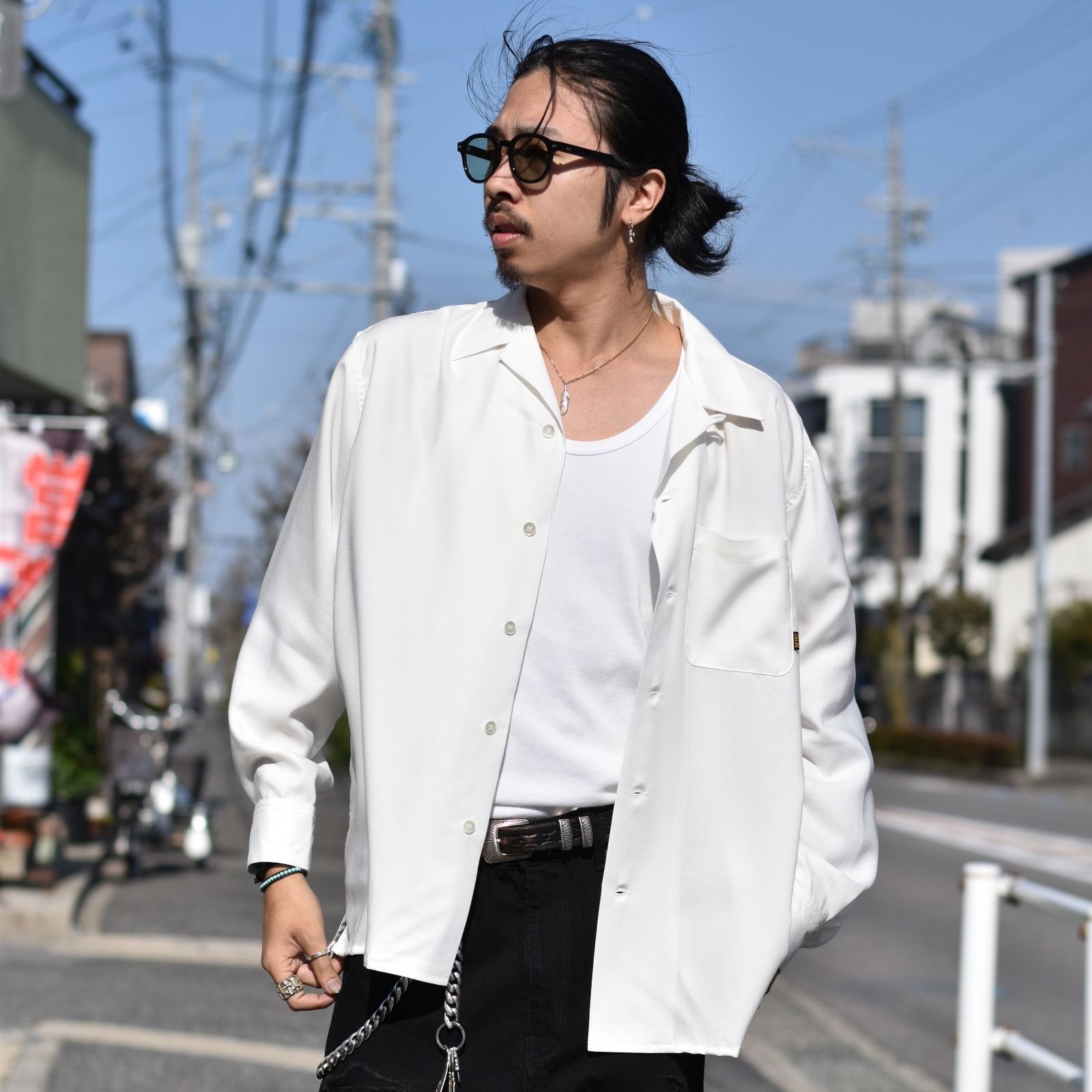 CALEE - EMBROIDERY OPEN COLLAR L/S SH (WHITE) / オープンカラー
