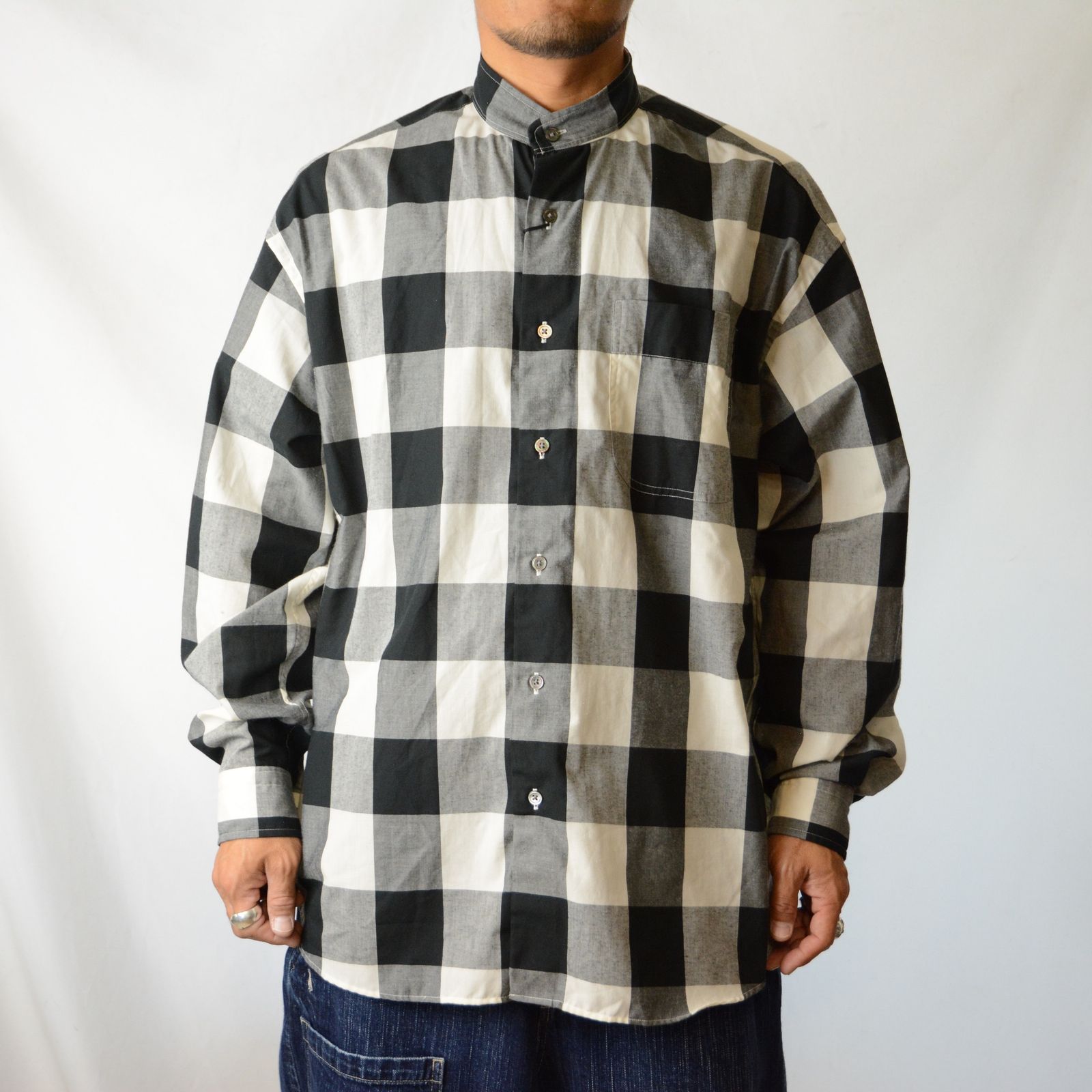 Porter Classic - BLOCK CHECK STAND COLLAR SHIRT (BLACK) - ブロック
