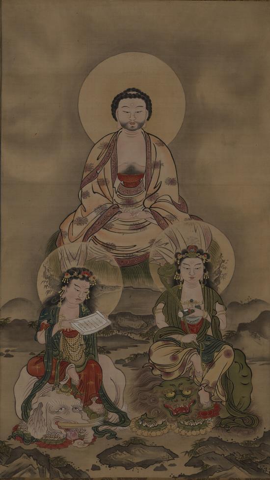 絹本著色釈迦三尊十八羅漢図 島崎旦良筆 3幅 附収納箱1合／厚木市