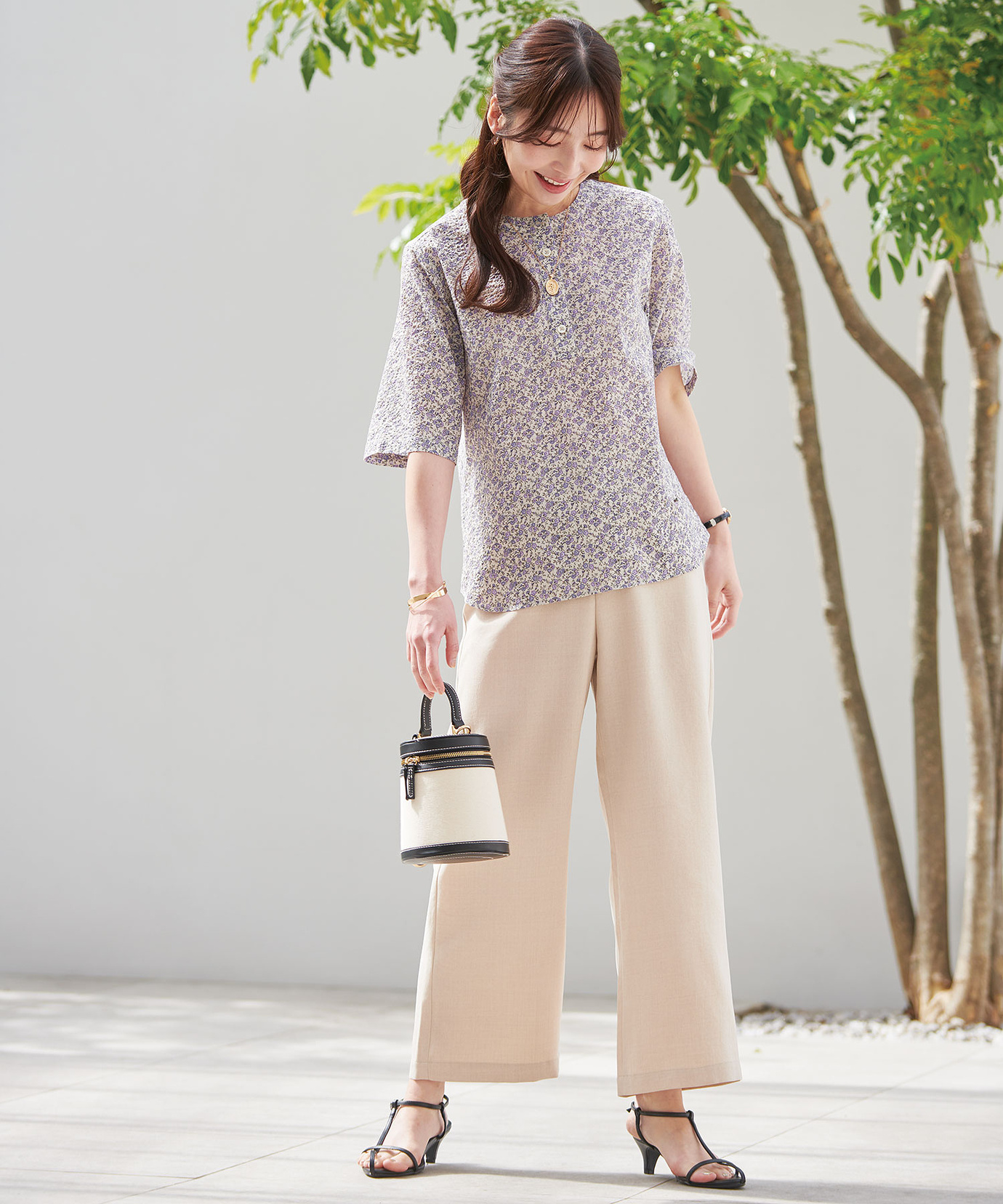 レディース 花柄サッカー バンドカラー ブラウス【オンラインショップ