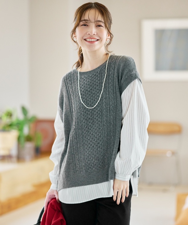 レディース ウールブレンド ストライプ ドッキング ニット【手洗いOK