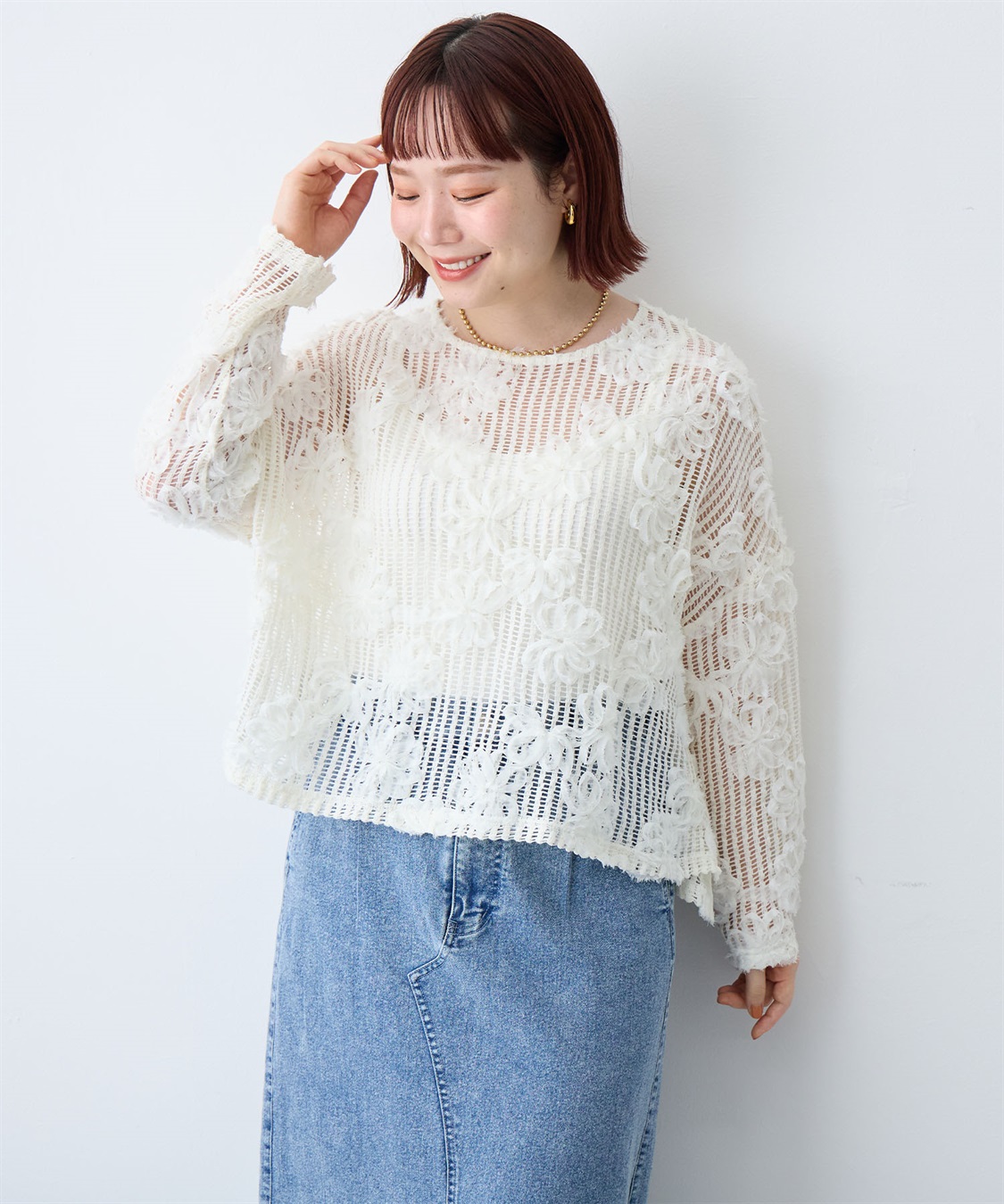 anyfee/大きいサイズ】裾アシメフラワーレースメッシュトップス anyfee