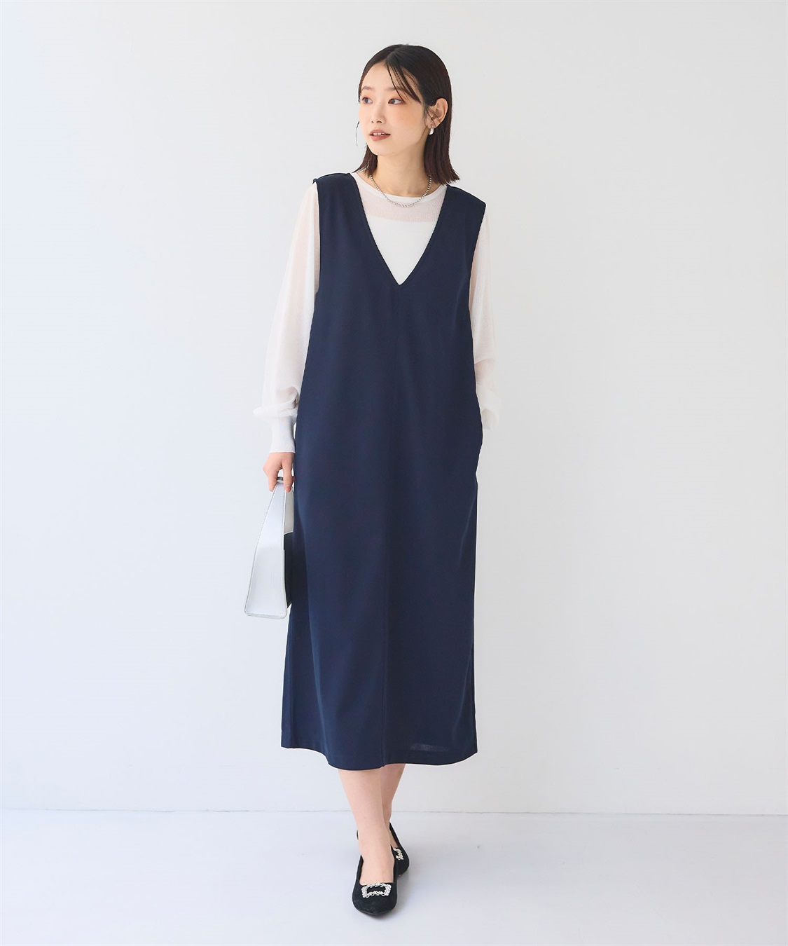 シワになりにくい》サマ美え ジョーゼット深Vネックジャンスカ CROSS