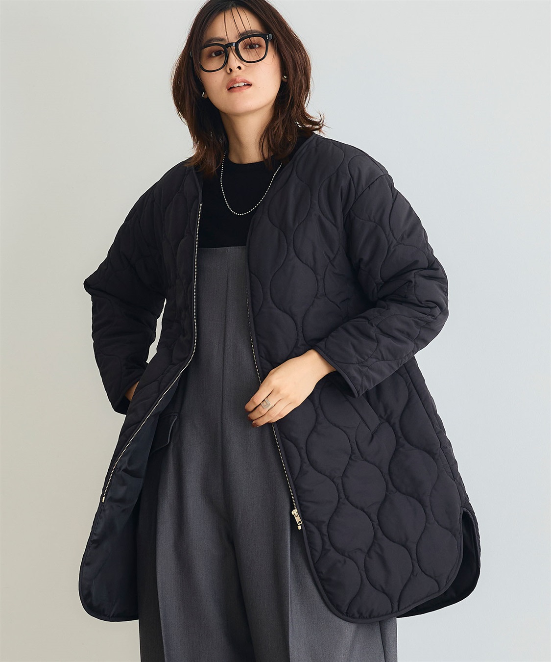 撥水》エブ楽 ノーカラーキルティングコート CROSS FUNCTION｜クロス