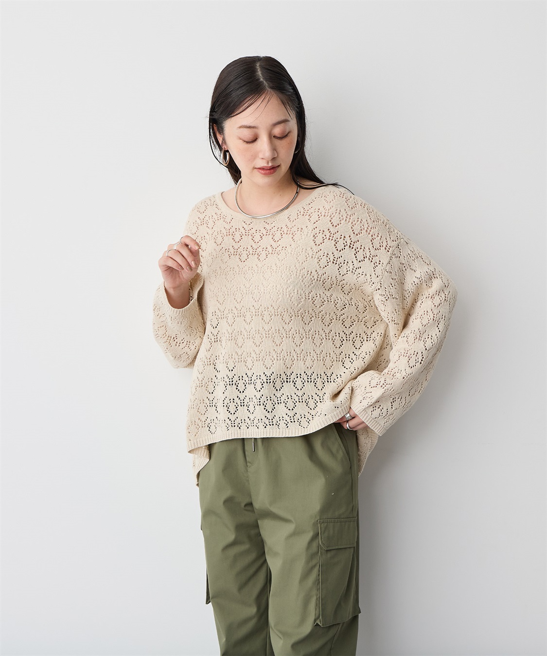 anyfee/プラスサイズ】透かし編みニットプルオーバー anyfee｜クロス