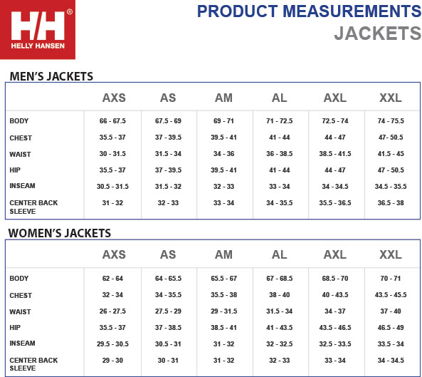 HELLY HANSEN JACKET SIZING CHART-www.amerasport.com